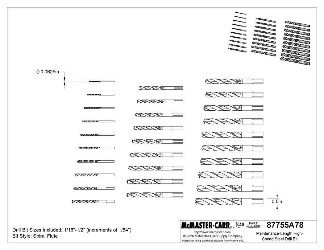 Technical Drawing of Maintenance-Length High-Speed Steel Drill Bit, 29-Piece Set.